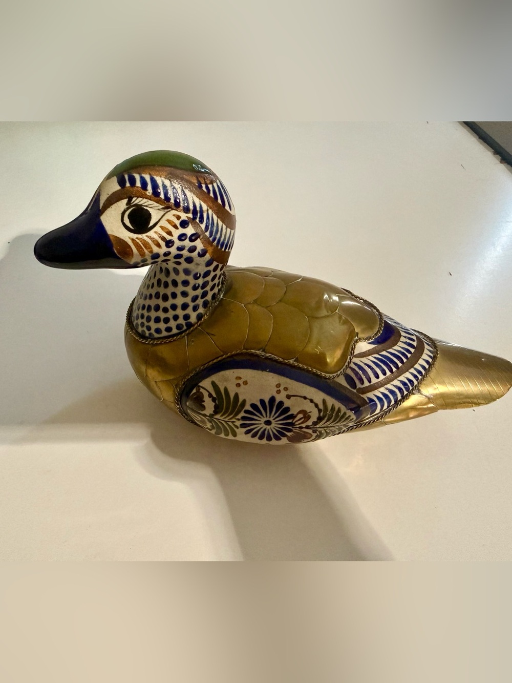 Vintage Handcrafted Brass and Enamel Decorative Duck - Gold and Blue Home Art